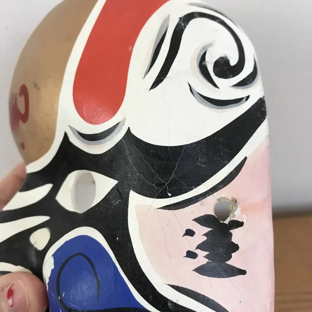 Vintage Chinese New Year Red Blue Gold Paper Plaster Painted Face Opera Mask